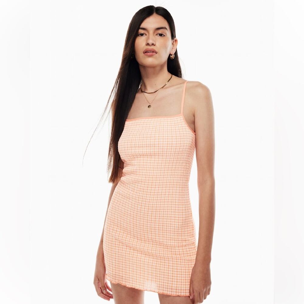 Aritzia Wilfred Jazz Orange Plaid Cotton Blend Straight Neck Mini Dress Size XS